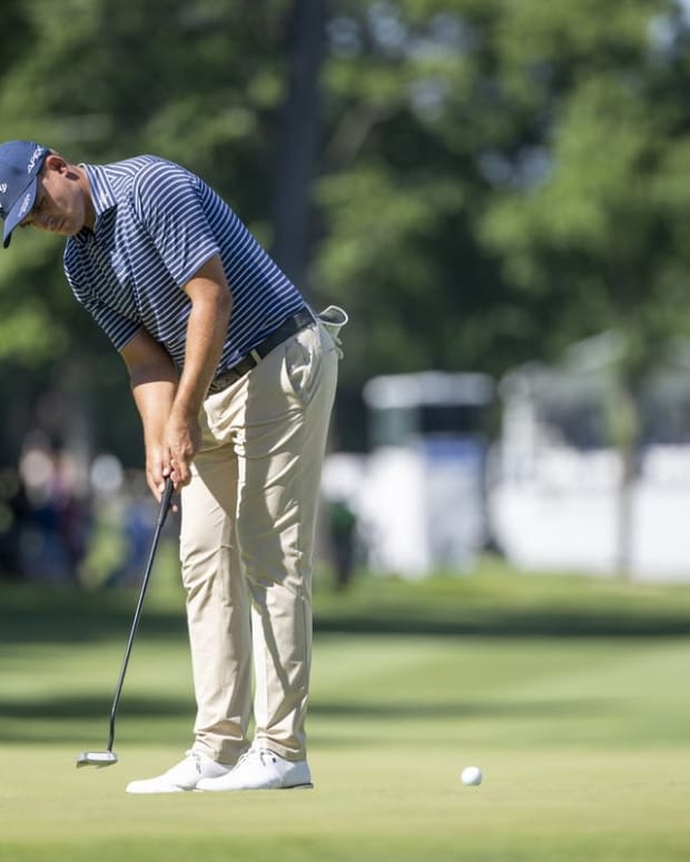 Jul 3, 2022; Silvis, Illinois, USA; Christiaan Bezuidenhout putts on the 18th green during the final round of the John Deere Classic golf tournament. Mandatory Credit: Marc Lebryk-USA TODAY Sports